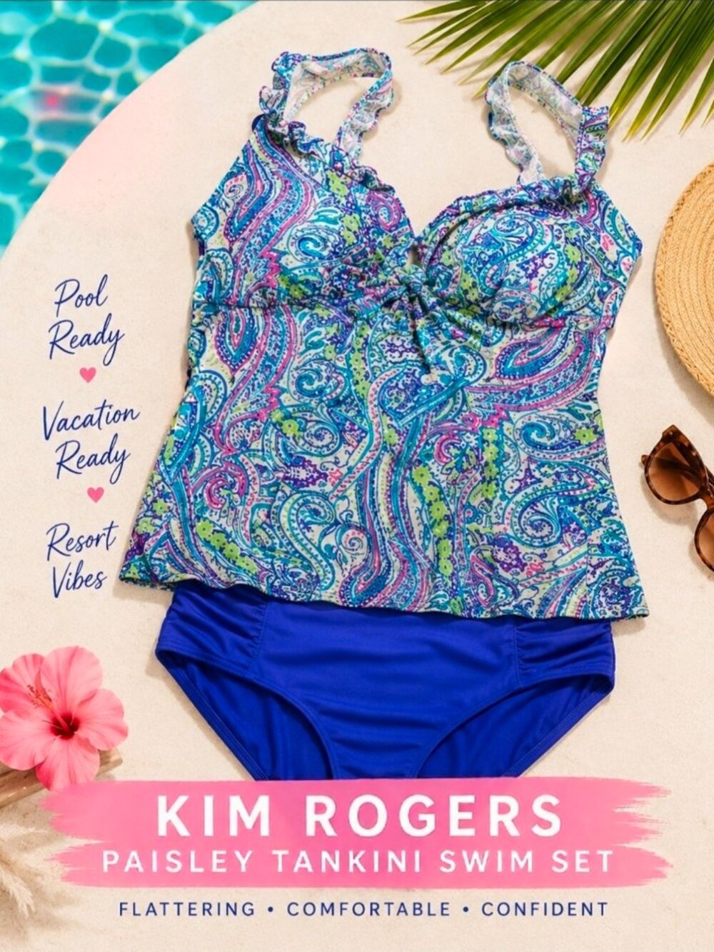 Kim Rogers 20W Plus Size Tankini Swimsuit Set Paisley Blue Pink Swimwear